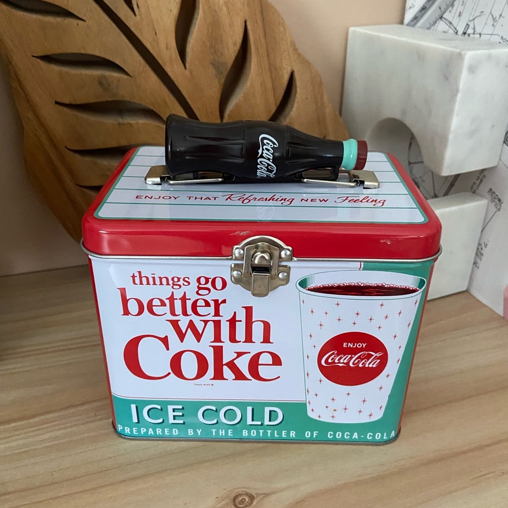 Coca-Cola Red and White Tin Lunch Box with Bottle Handle